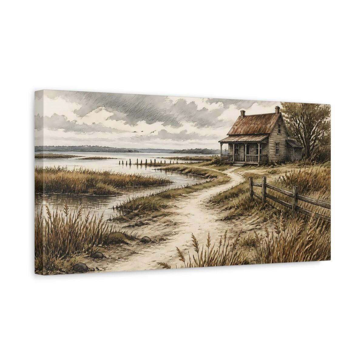 Side Mockup 3. Seaside Cottage Path shown as canvas print