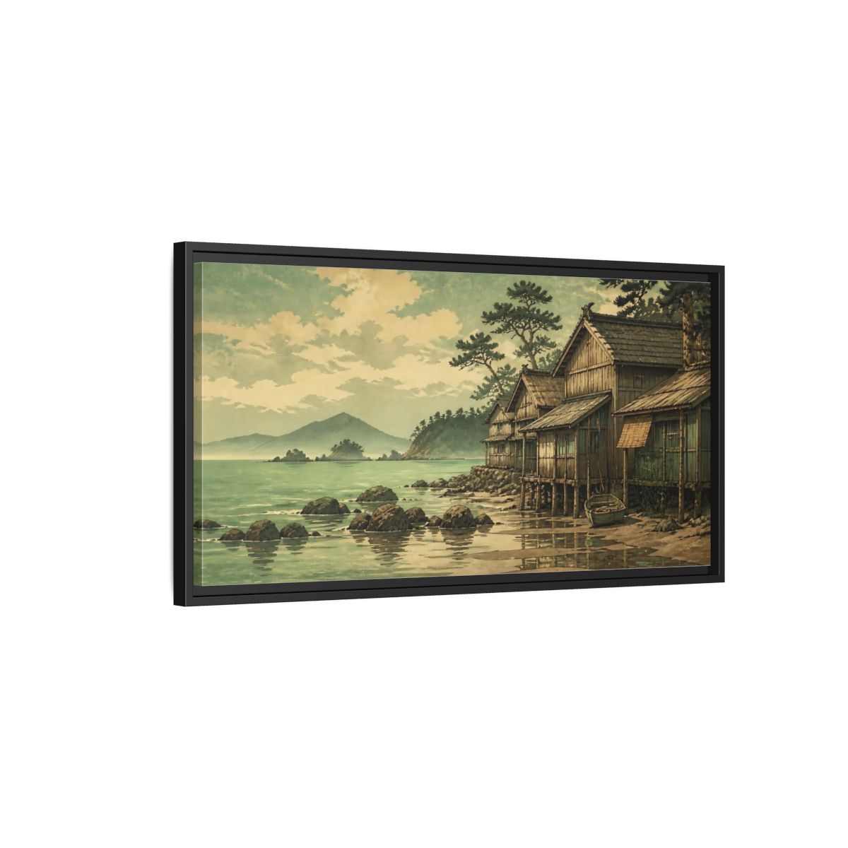 Side Mockup 2. Seaside Fishing Village shown as framed canvas print