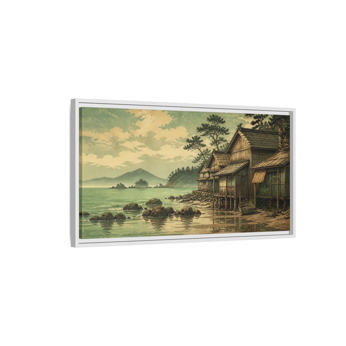 Side Mockup 1. Seaside Fishing Village shown as framed canvas print