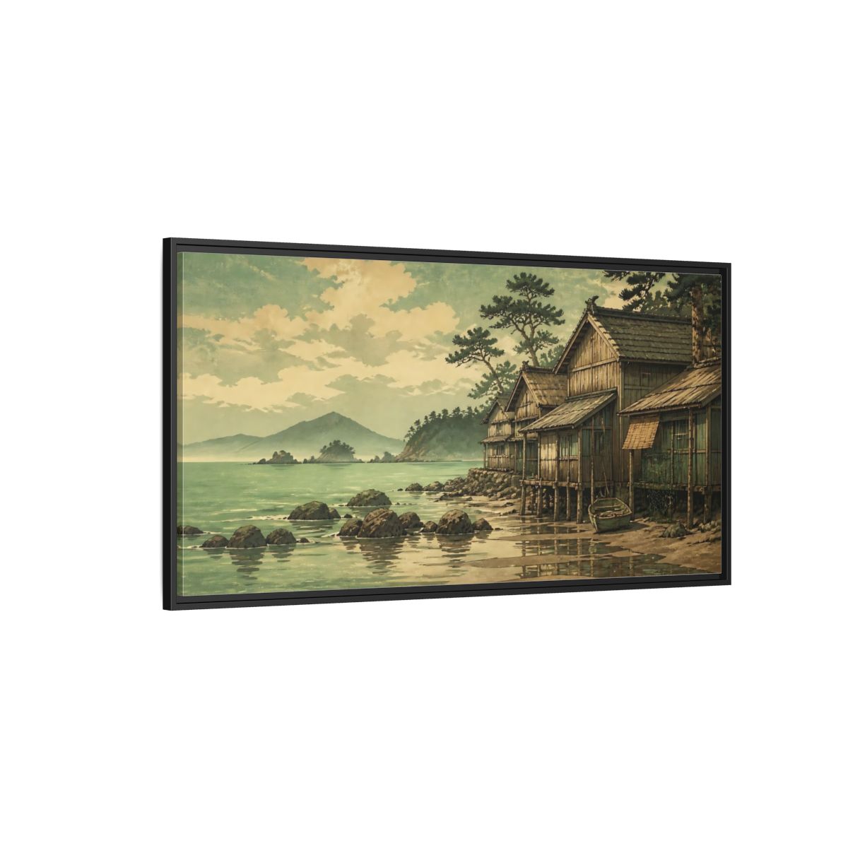 Side Mockup 5. Seaside Fishing Village shown as framed canvas print