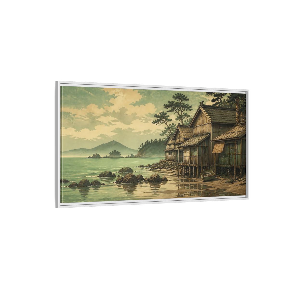 Side Mockup 3. Seaside Fishing Village shown as framed canvas print