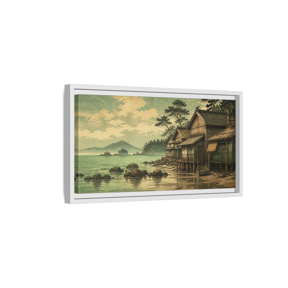 Side Mockup 6. Seaside Fishing Village shown as framed canvas print