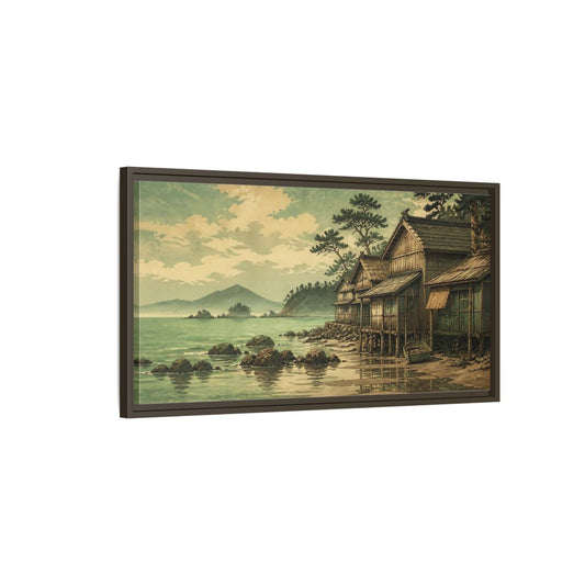 Main Mockup. Seaside Fishing Village shown as framed canvas print