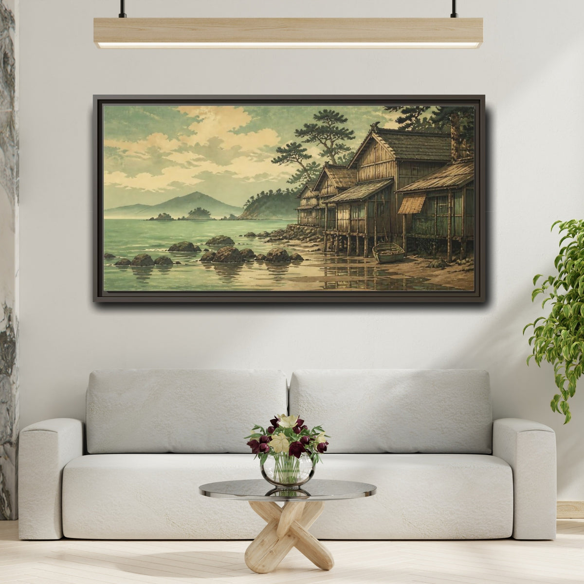 Mockup 2. Seaside Fishing Village shown as framed canvas print