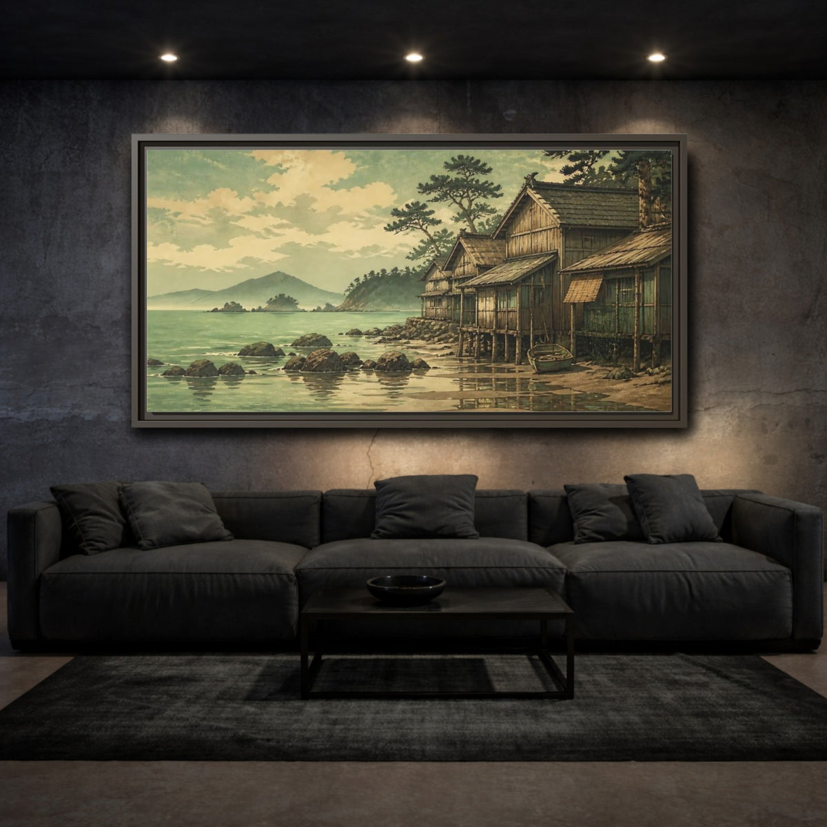 Mockup 3. Seaside Fishing Village shown as framed canvas print