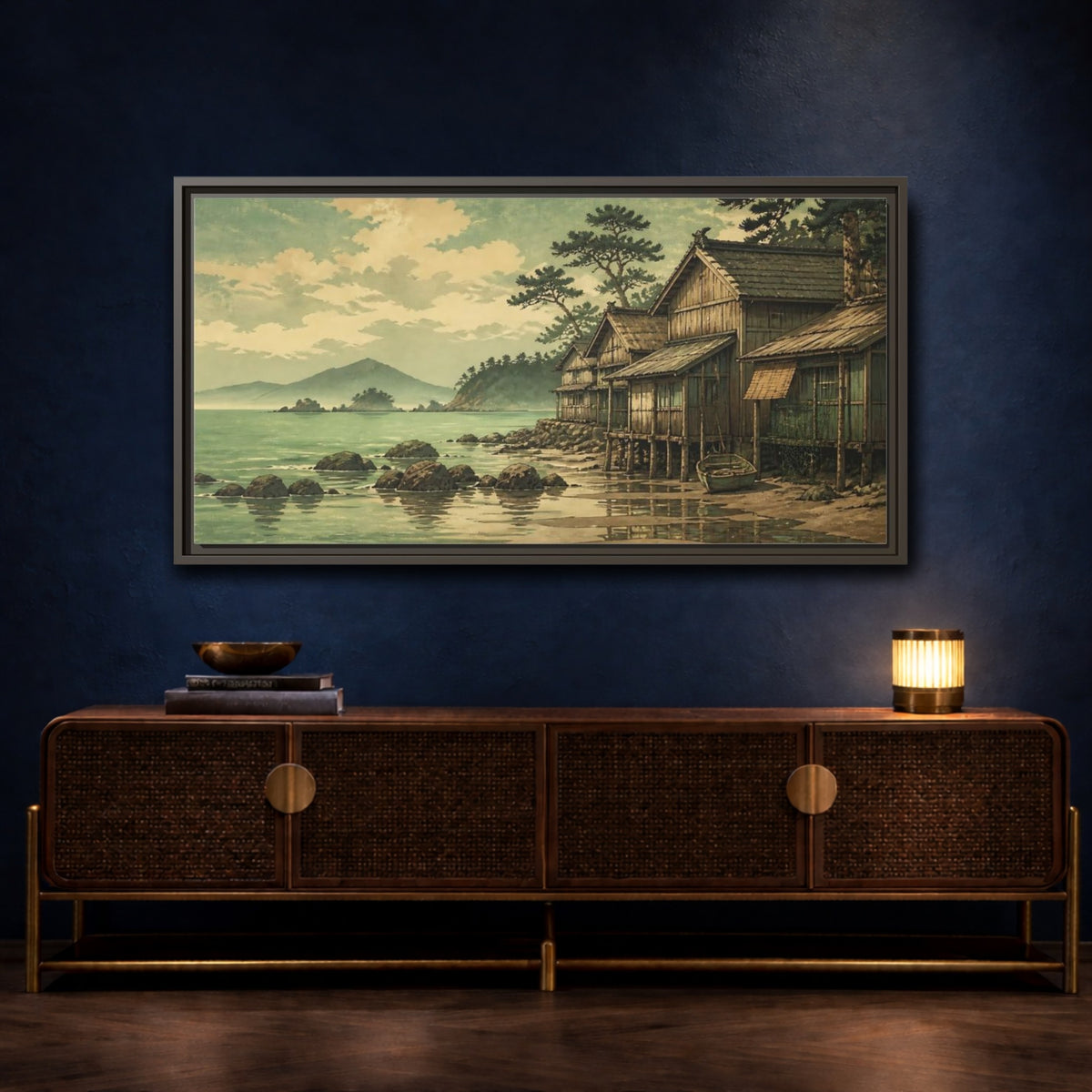 Mockup 4. Seaside Fishing Village shown as framed canvas print