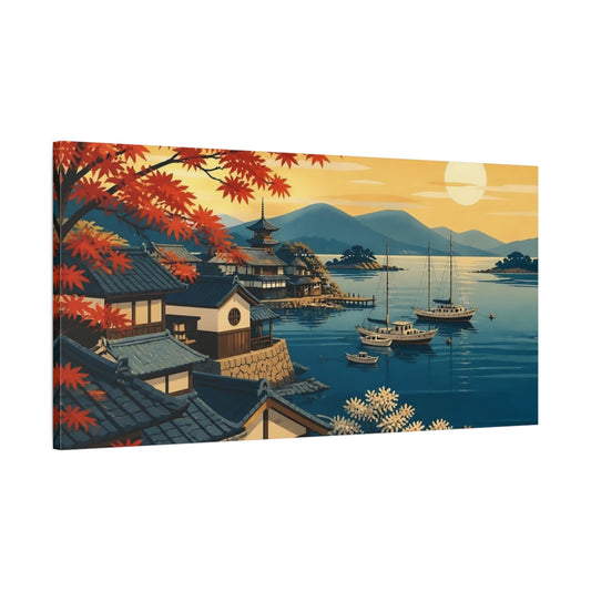 Main Mockup. Seaside Village At Sunset shown as canvas print