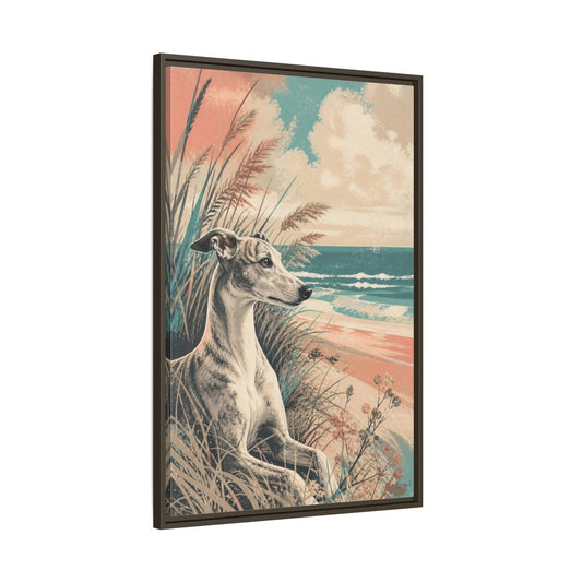 Main Mockup. Seaside Whippet Pet Portrait shown as framed canvas print