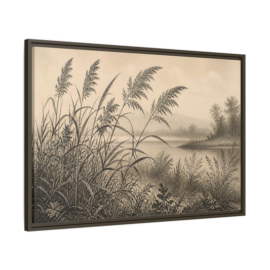 Main Mockup. Sepia River Reeds shown as framed canvas print