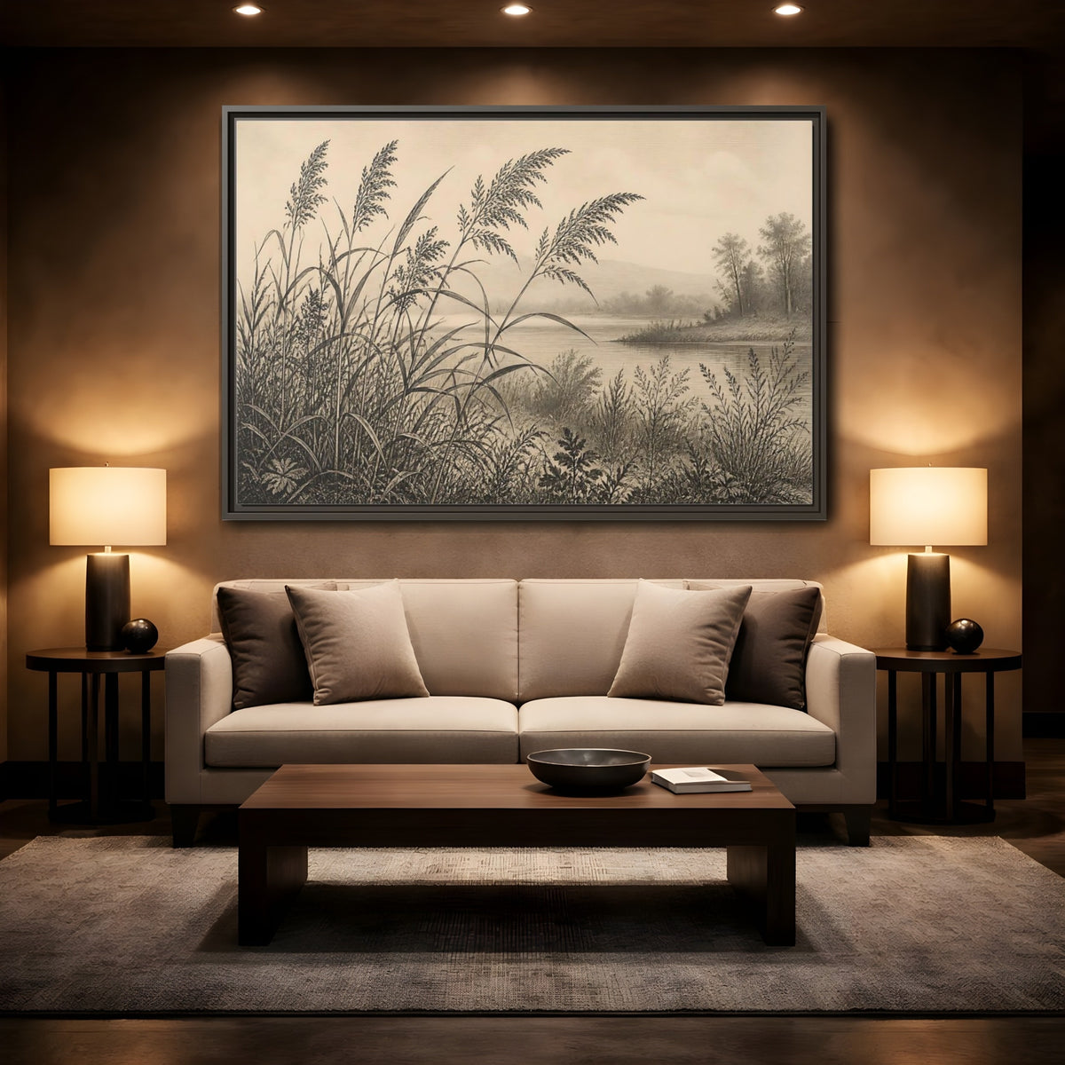Mockup 2. Sepia River Reeds shown as framed canvas print