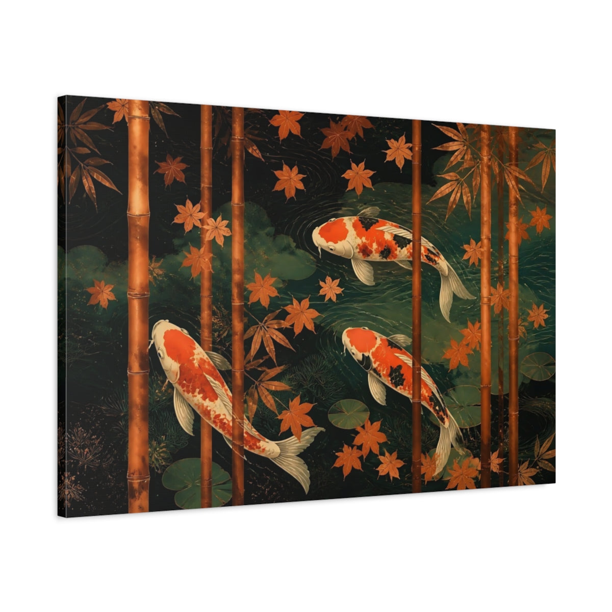 Main Mockup. Serene Koi Pond shown as canvas print