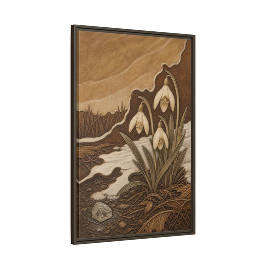 Main Mockup. Sgraffito Snowdrops & Crystal shown as framed canvas print