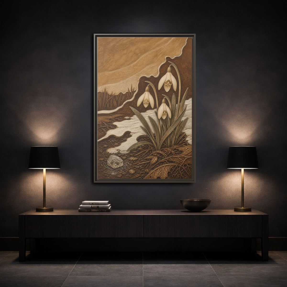 Mockup 3. Sgraffito Snowdrops & Crystal shown as framed canvas print