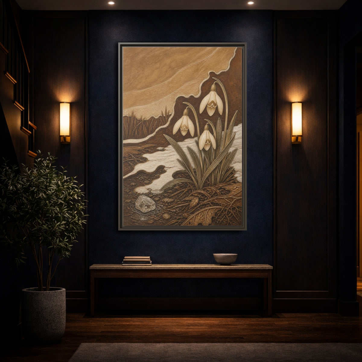 Mockup 4. Sgraffito Snowdrops & Crystal shown as framed canvas print
