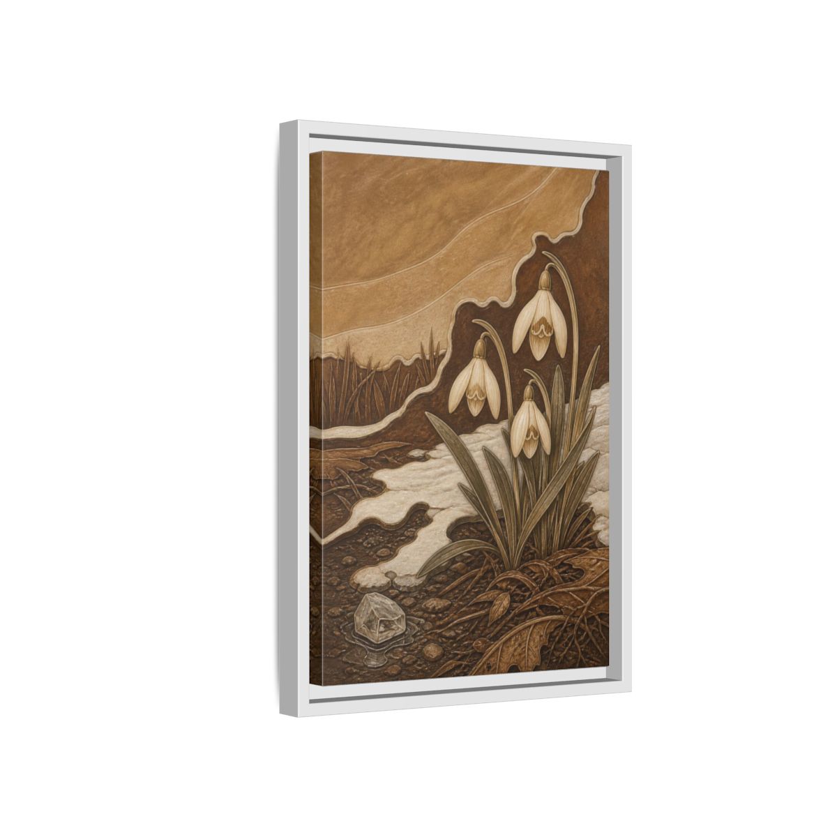 Side Mockup 4. Sgraffito Snowdrops & Crystal shown as framed canvas print