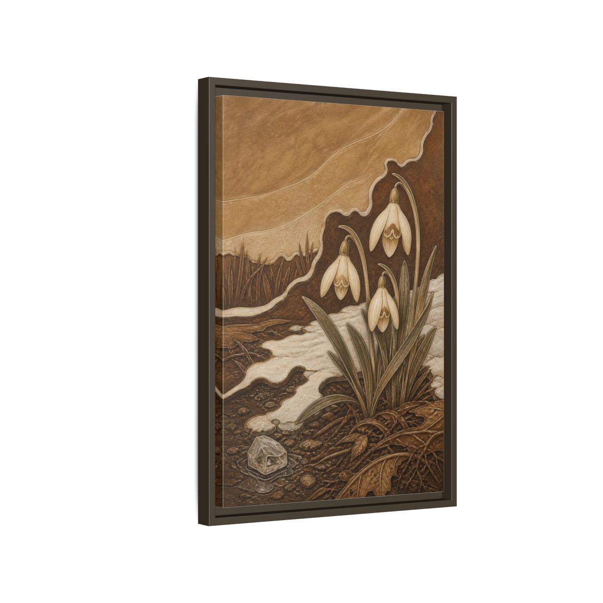 Side Mockup 2. Sgraffito Snowdrops & Crystal shown as framed canvas print