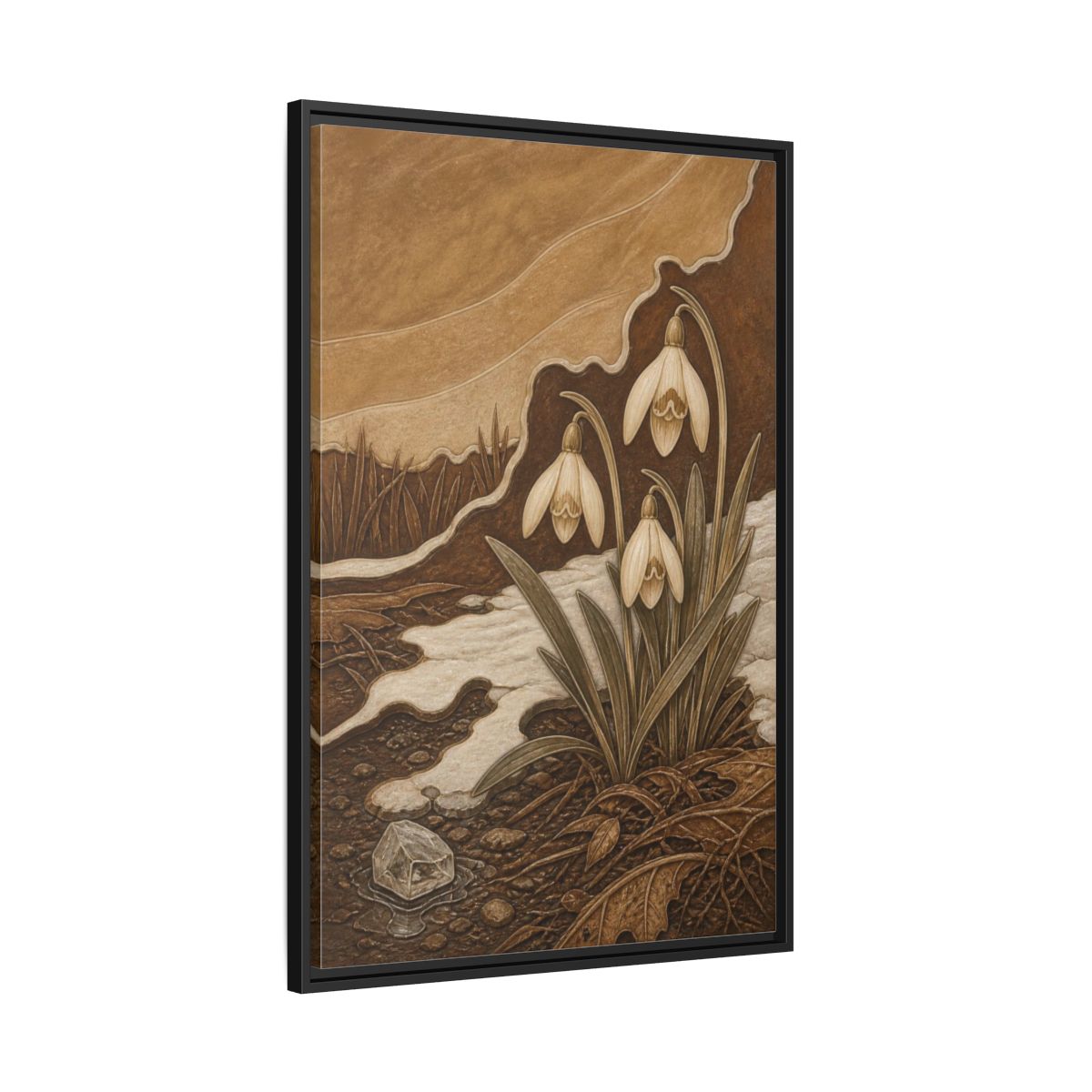 Side Mockup 13. Sgraffito Snowdrops & Crystal shown as framed canvas print
