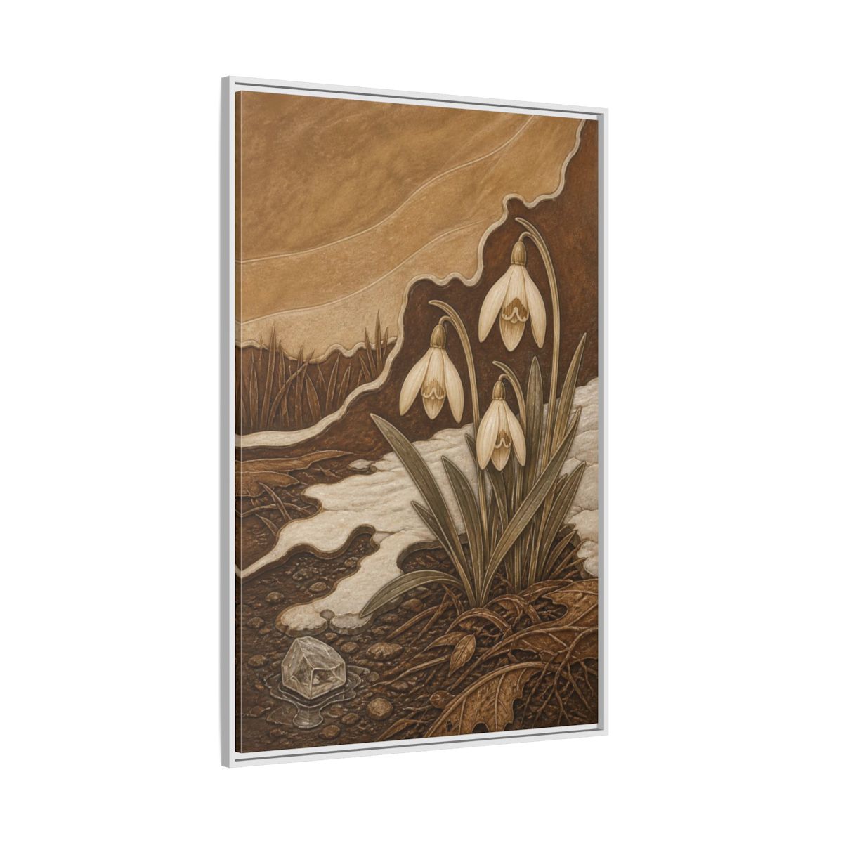 Side Mockup 7. Sgraffito Snowdrops & Crystal shown as framed canvas print