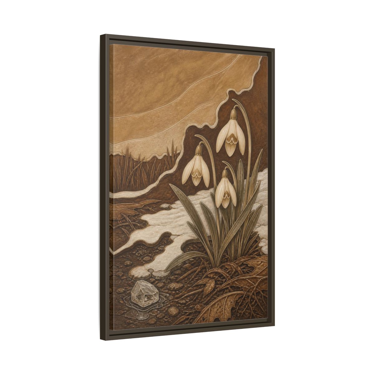 Side Mockup 11. Sgraffito Snowdrops & Crystal shown as framed canvas print
