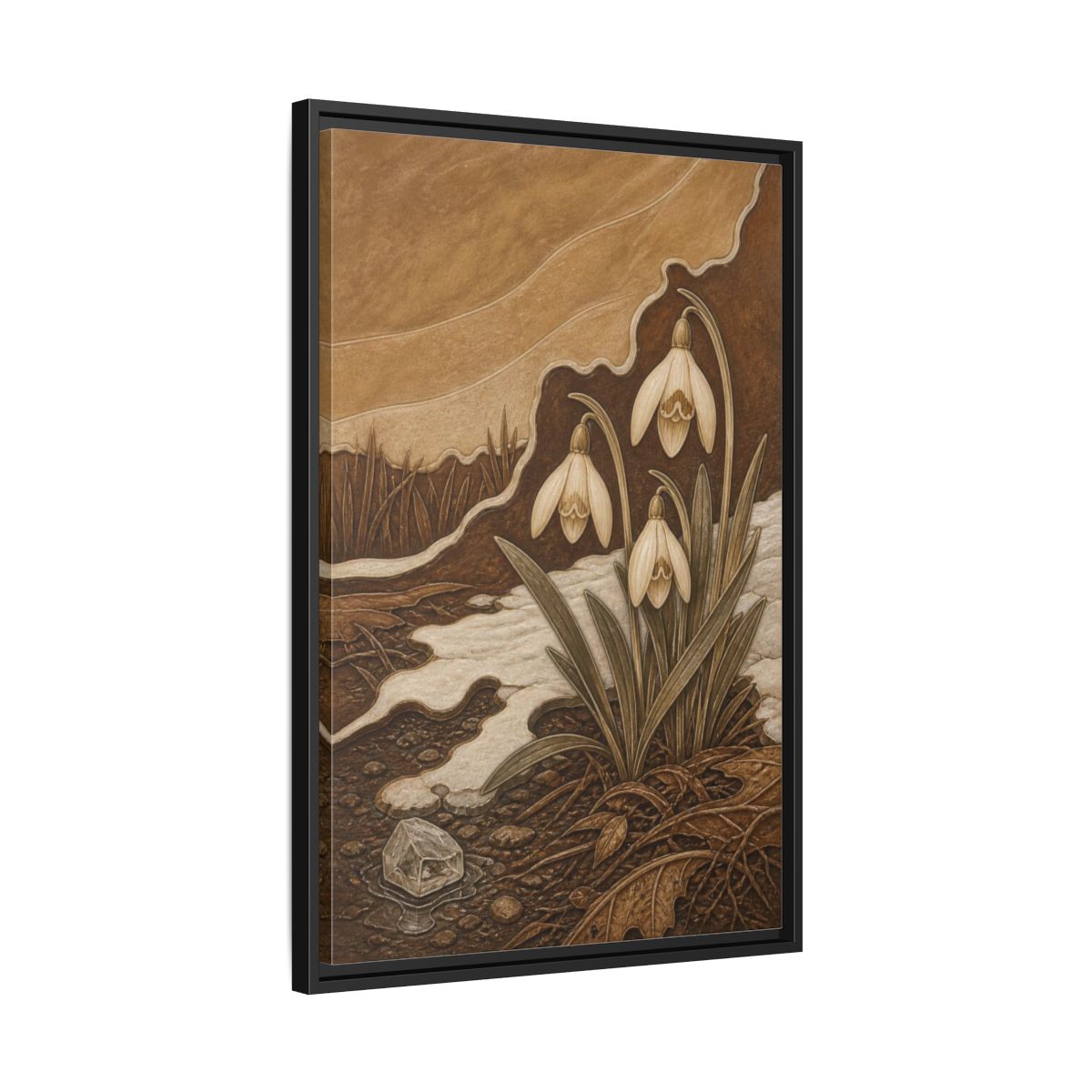 Side Mockup 14. Sgraffito Snowdrops & Crystal shown as framed canvas print