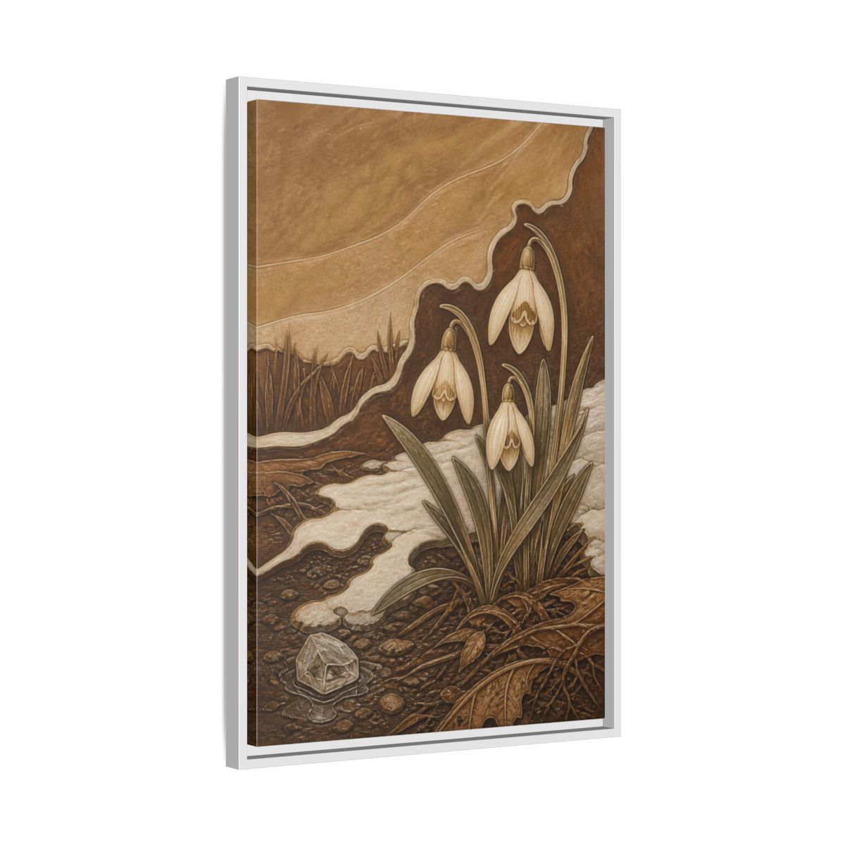 Side Mockup 10. Sgraffito Snowdrops & Crystal shown as framed canvas print