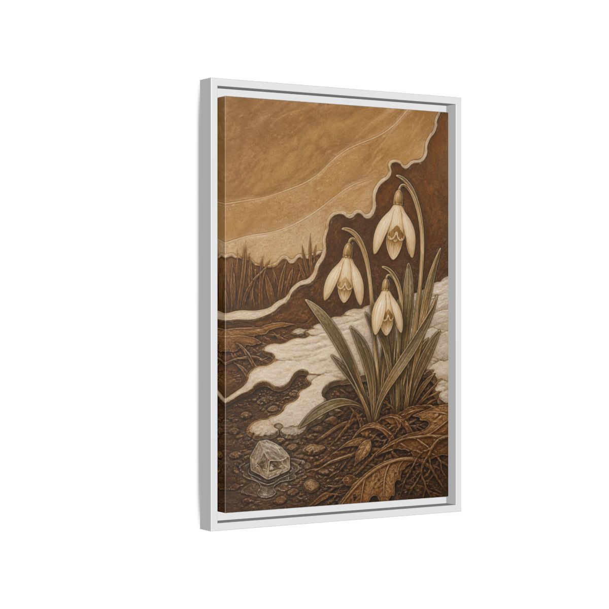 Side Mockup 1. Sgraffito Snowdrops & Crystal shown as framed canvas print