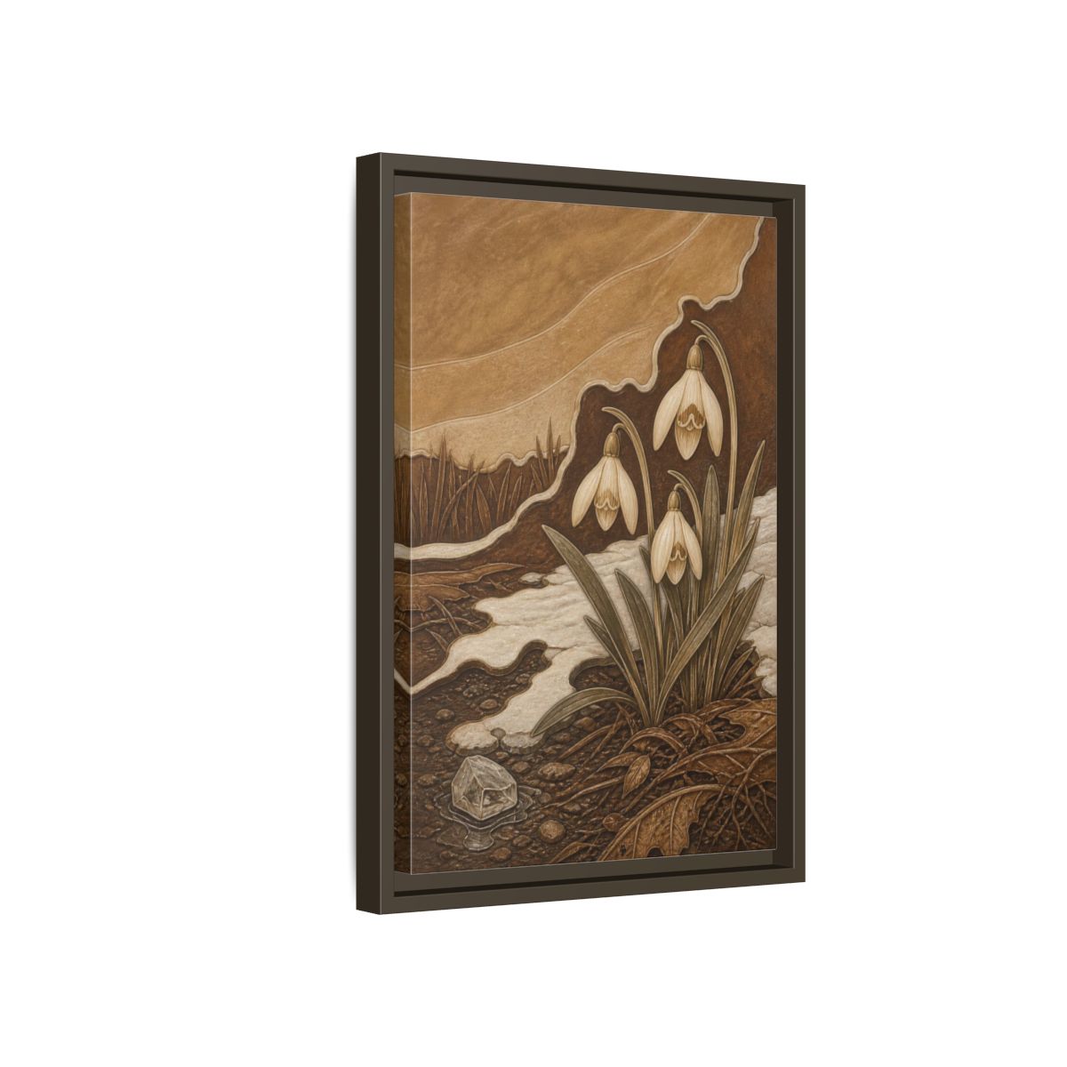 Side Mockup 5. Sgraffito Snowdrops & Crystal shown as framed canvas print