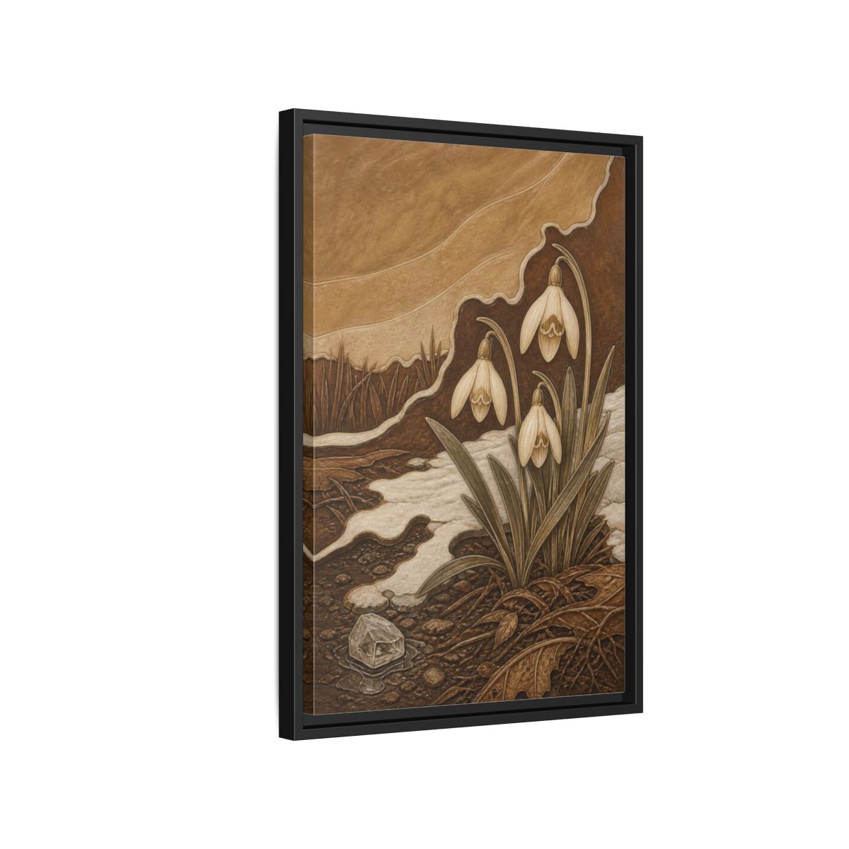 Side Mockup 3. Sgraffito Snowdrops & Crystal shown as framed canvas print