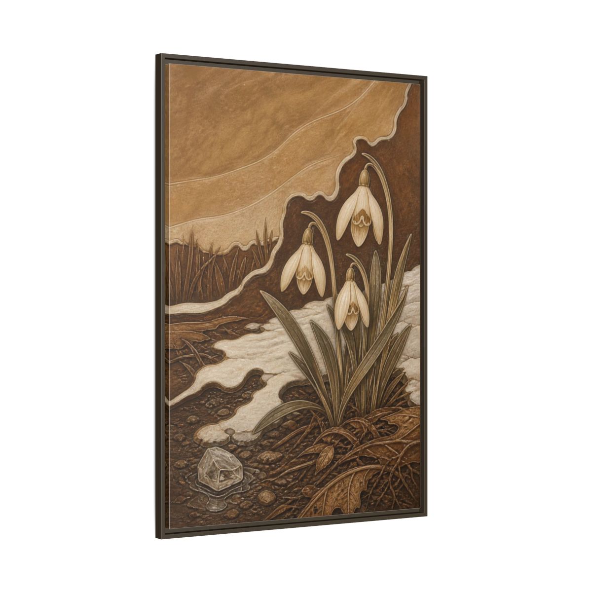 Side Mockup 8. Sgraffito Snowdrops & Crystal shown as framed canvas print