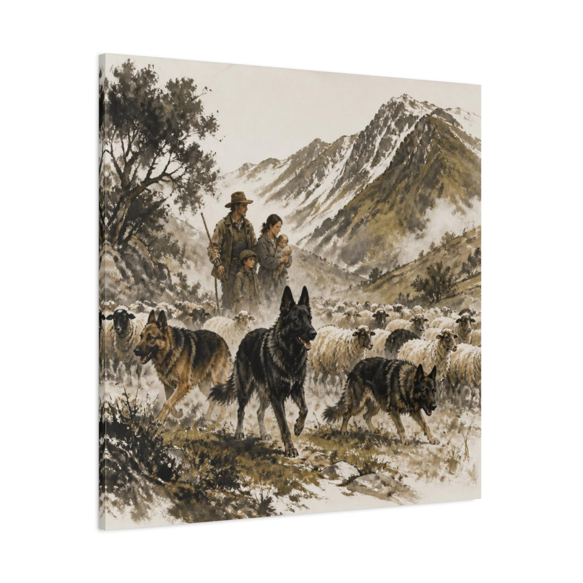 Side Mockup 1. Shepherd Dogs Pets shown as canvas print