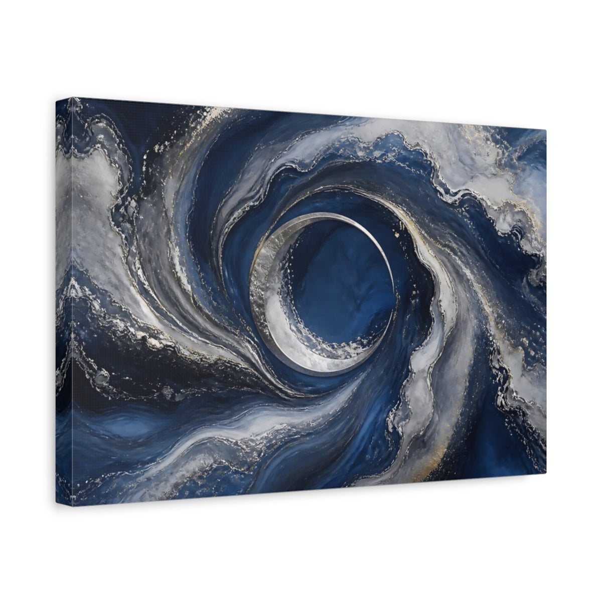 Side Mockup 4. Silver Crescent Moon Swirl shown as canvas print