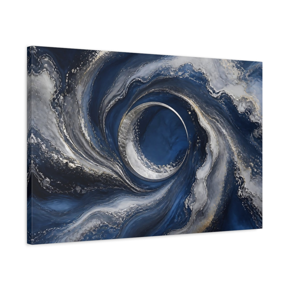 Side Mockup 2. Silver Crescent Moon Swirl shown as canvas print