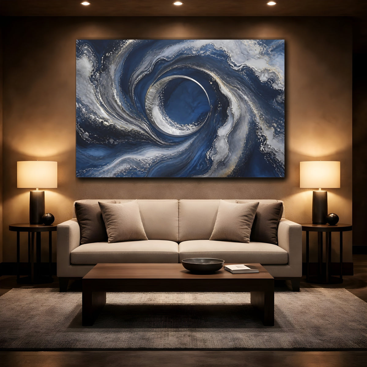 Mockup 2. Silver Crescent Moon Swirl shown as canvas print