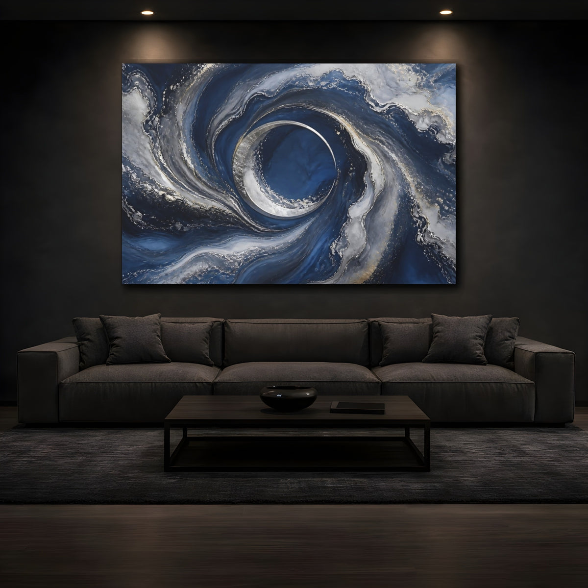 Mockup 3. Silver Crescent Moon Swirl shown as canvas print