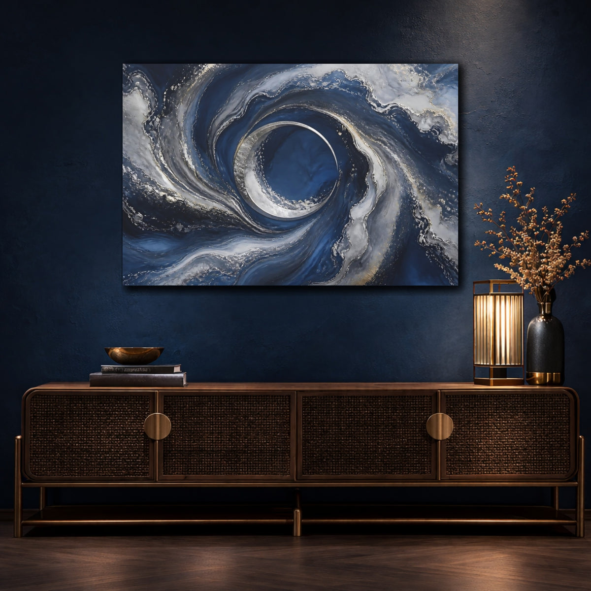 Mockup 4. Silver Crescent Moon Swirl shown as canvas print