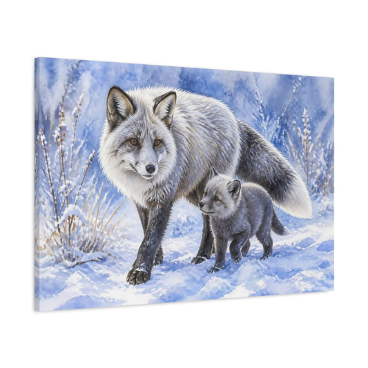 Main Mockup. Silver Fox Family Animals shown as canvas print