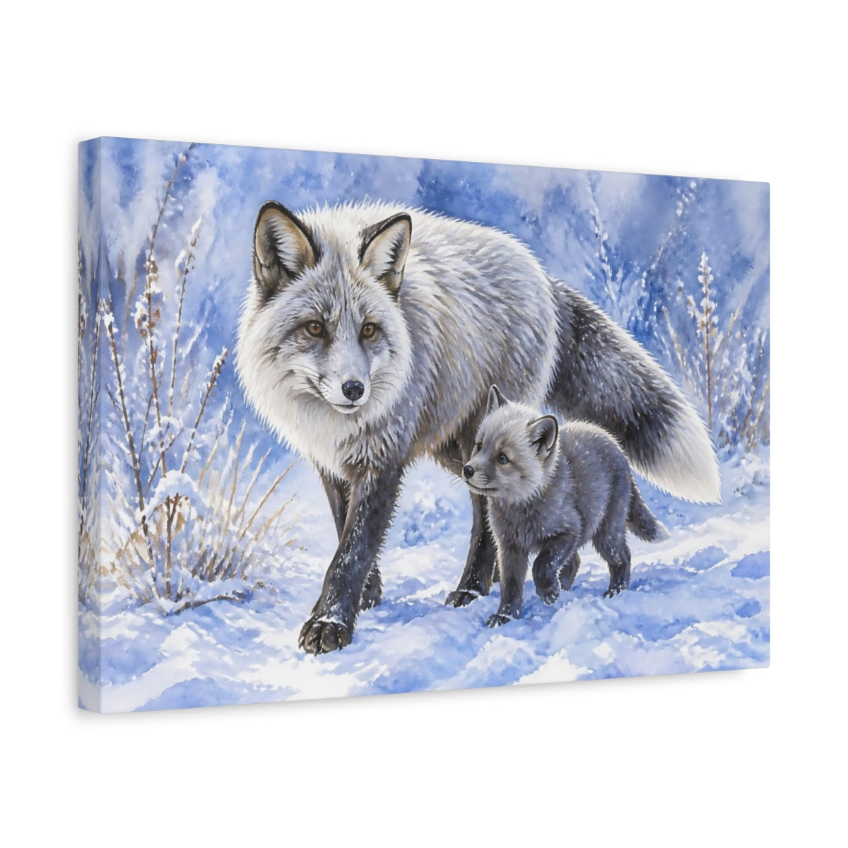 Side Mockup 4. Silver Fox Family Animals shown as canvas print