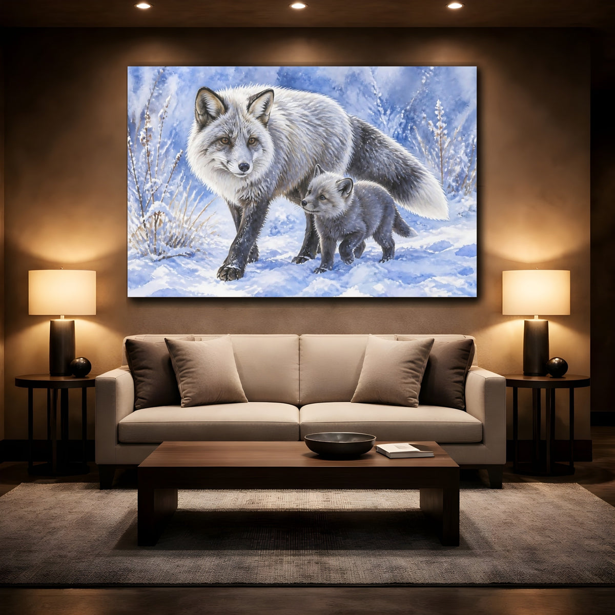 Mockup 2. Silver Fox Family Animals shown as canvas print