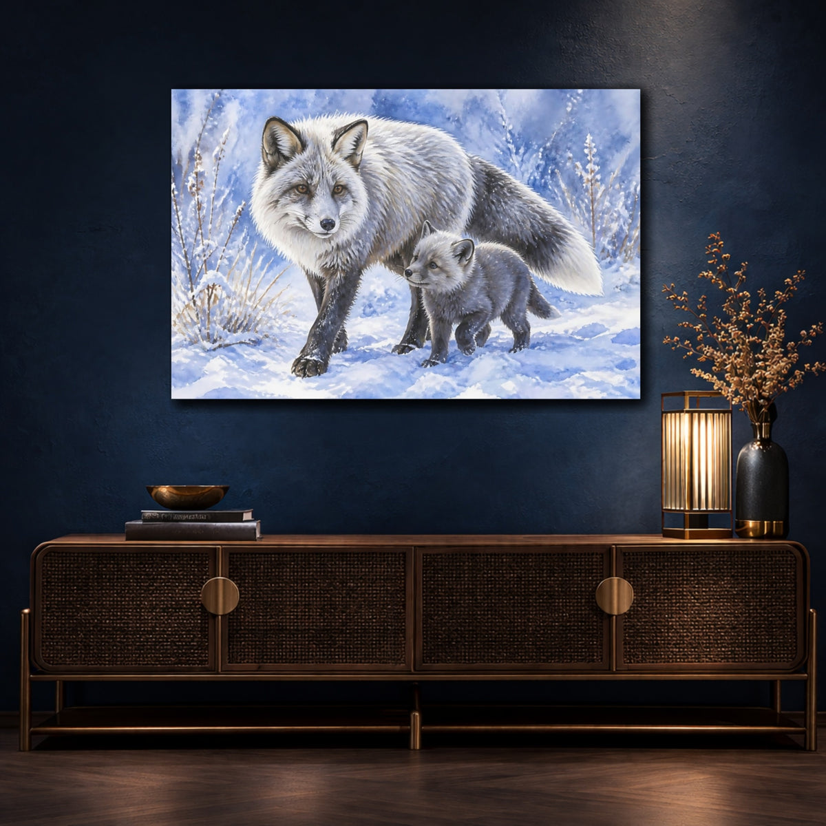 Mockup 4. Silver Fox Family Animals shown as canvas print