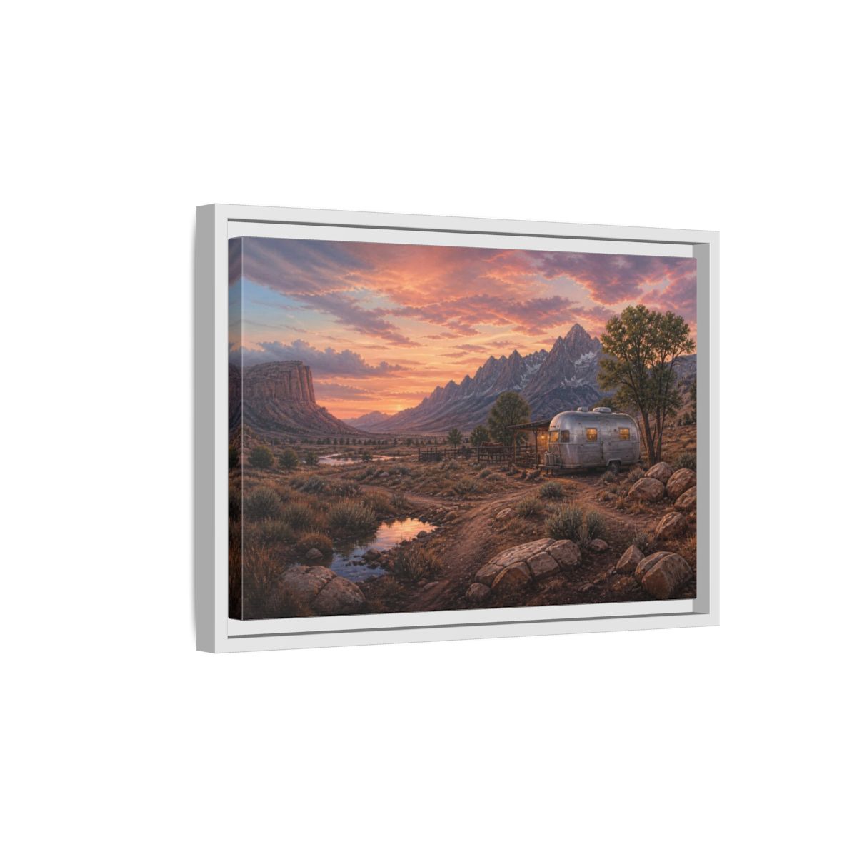 Side Mockup 4. Silver Trailer Sunset Landscape shown as framed canvas print