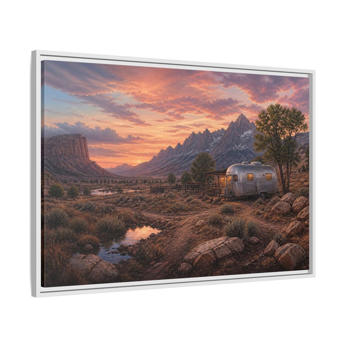 Side Mockup 9. Silver Trailer Sunset Landscape shown as framed canvas print