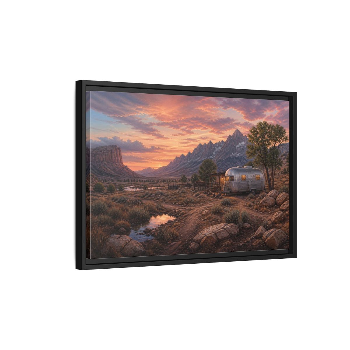 Side Mockup 3. Silver Trailer Sunset Landscape shown as framed canvas print