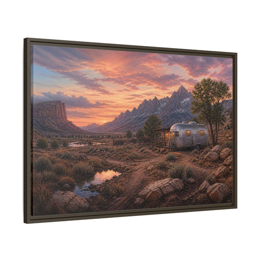 Main Mockup. Silver Trailer Sunset Landscape shown as framed canvas print