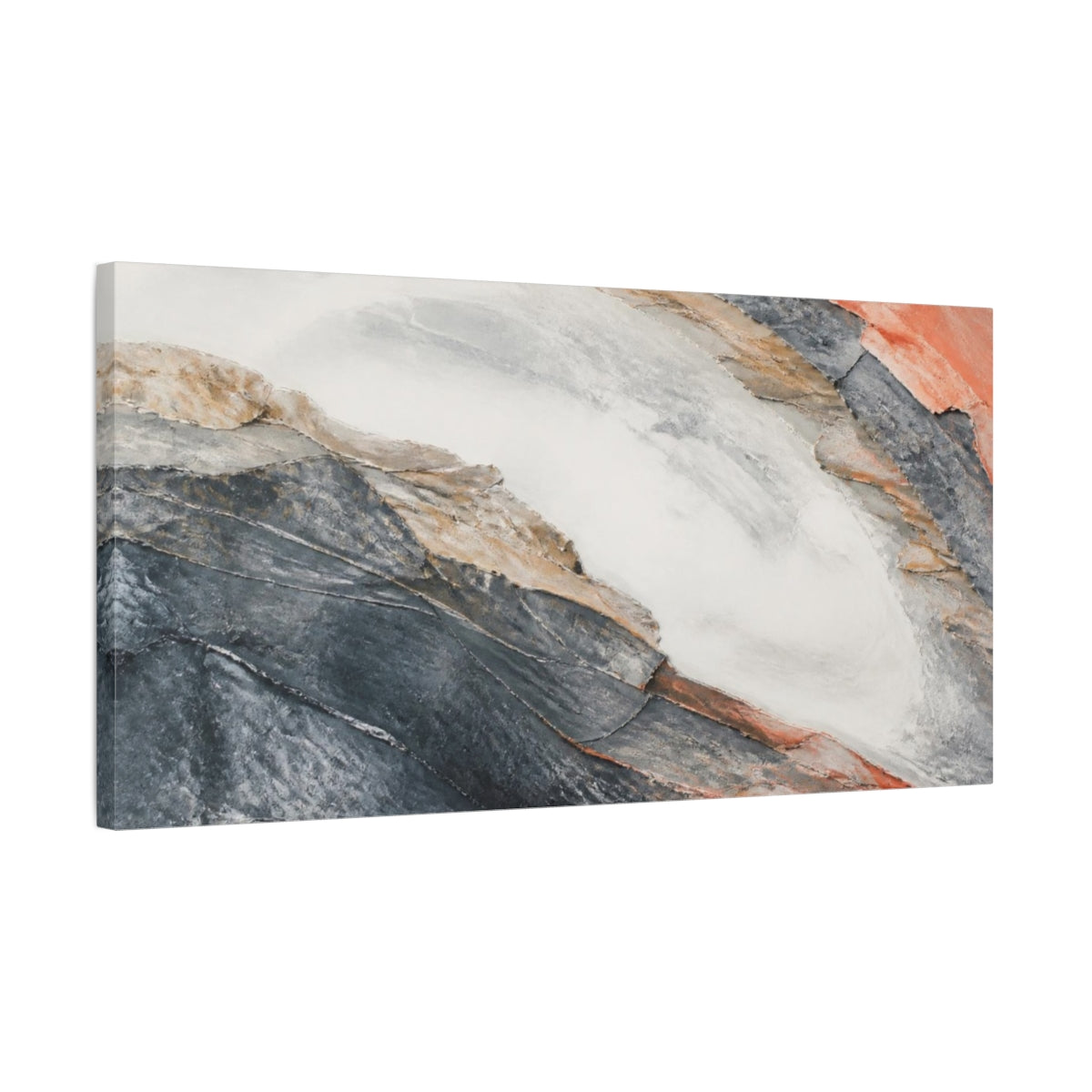 Side Mockup 1. Slate And Coral Strata shown as canvas print