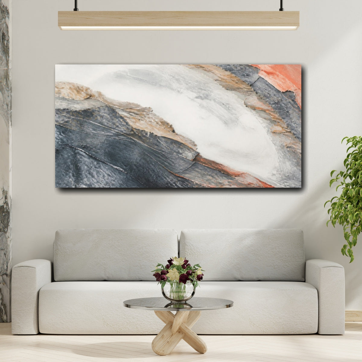 Mockup 2. Slate And Coral Strata shown as canvas print