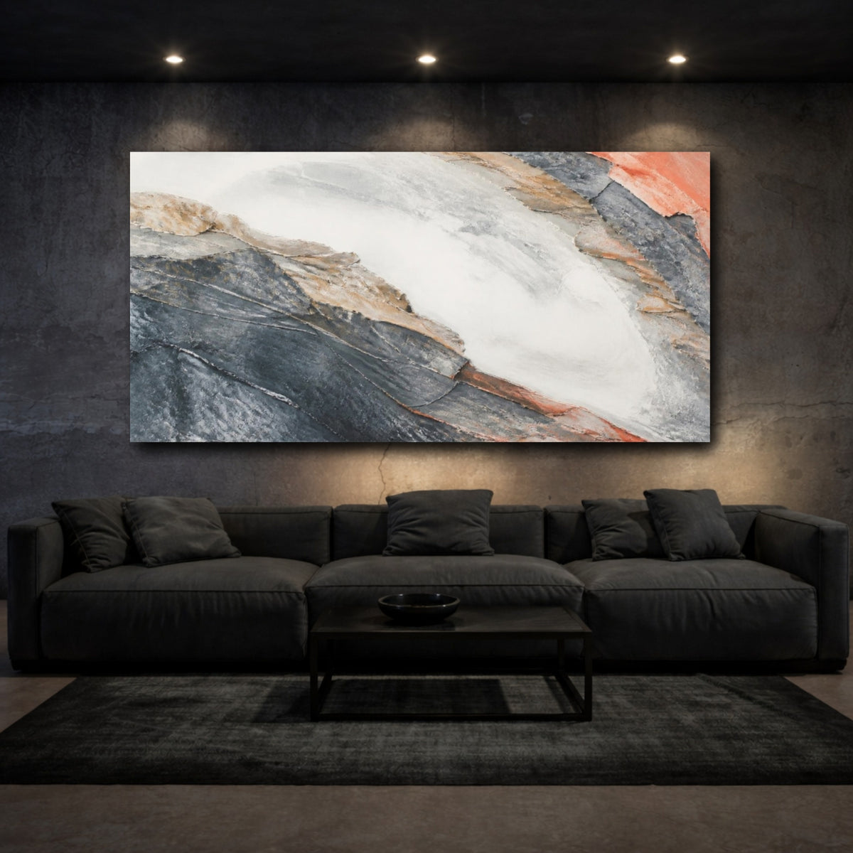 Mockup 3. Slate And Coral Strata shown as canvas print