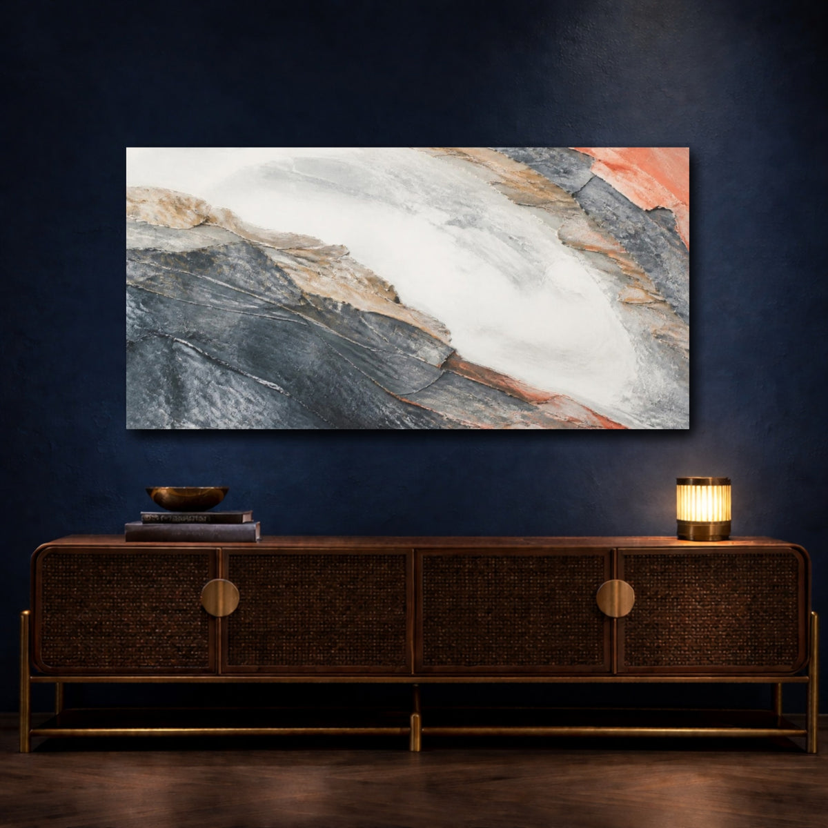 Mockup 4. Slate And Coral Strata shown as canvas print