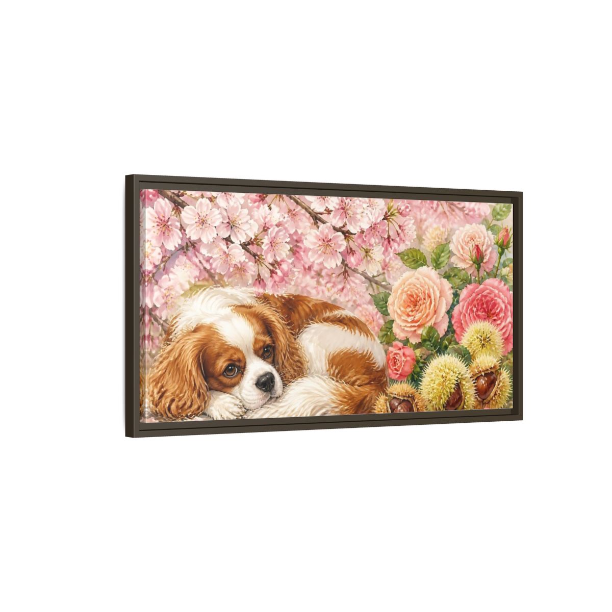 Main Mockup. Sleeping Cavalier In Blossoms shown as framed canvas print