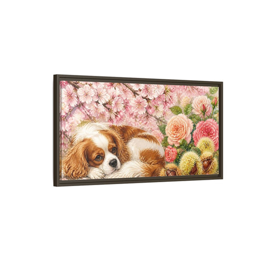 Main Mockup. Sleeping Cavalier In Blossoms shown as framed canvas print