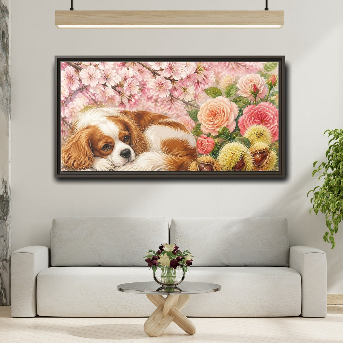 Mockup 2. Sleeping Cavalier In Blossoms shown as framed canvas print